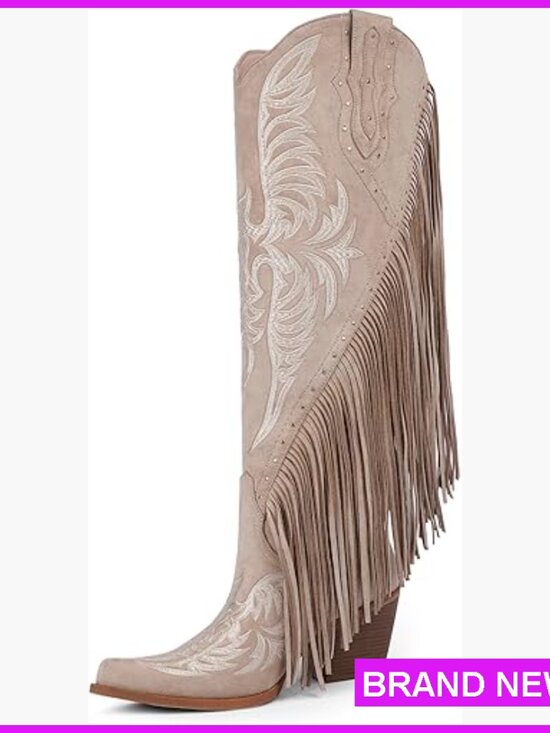 Shoes - Fringe Cowgirl Boots Knee High Western Embroidered Studded Chunky Heel Pull On
